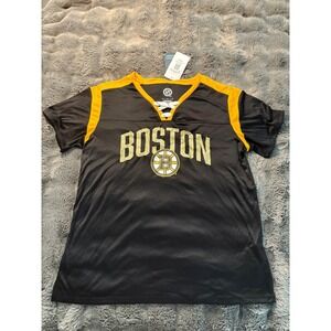 Boston Bruins Women's Lace Up V Neck T Jersey Shirt NHL Hockey Fan Gear Size L